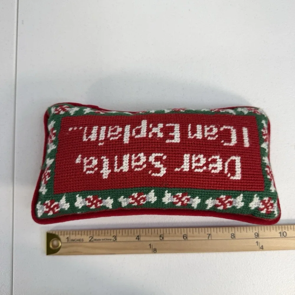 Dear Santa I Can Explain Needlepoint Pillow Red Green Peppermint Candy Christmas